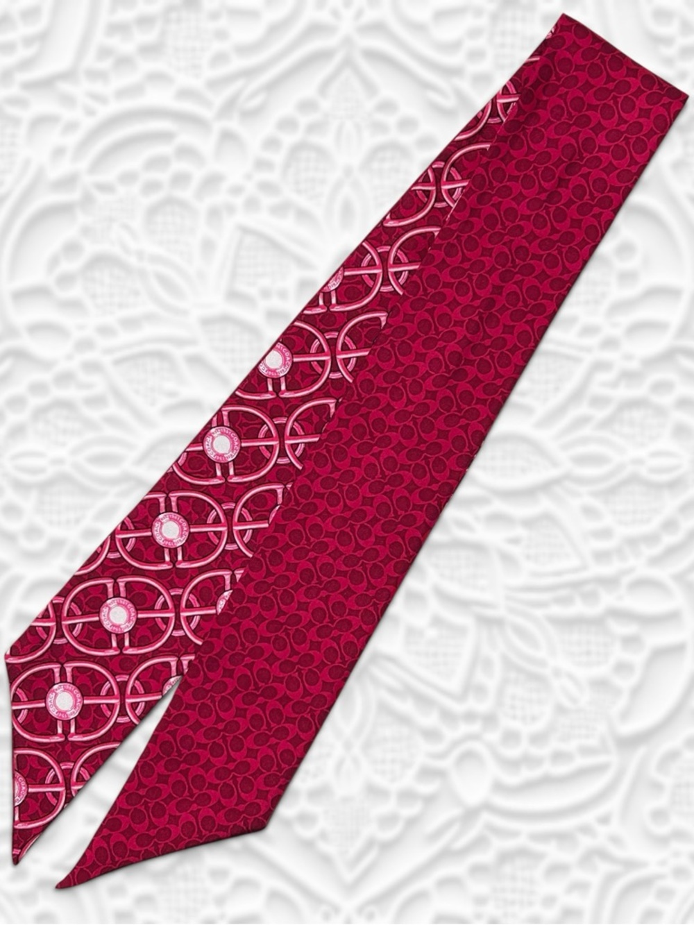 COACH Buckles & Buttons Mini Signature C Skinny Scarf 💯 Silk in Magenta/Red - Picture 2 of 6